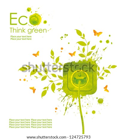 Energy concept.Illustration environmentally friendly planet. Green socket, grass, butterfly and splash of paint,from watercolor stains,isolated on a white background. Think Green. Ecology Concept.