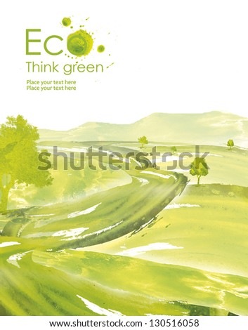 Illustration environmentally friendly planet. Green tree planting or deciduous forest on it from watercolor stains,isolated on a white background. Think Green. Ecology Concept.