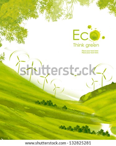 Illustration environmentally friendly planet.Green hills and wind turbines, hand drawn from watercolor stains, isolated on a white background. Think Green. Eco Concept.