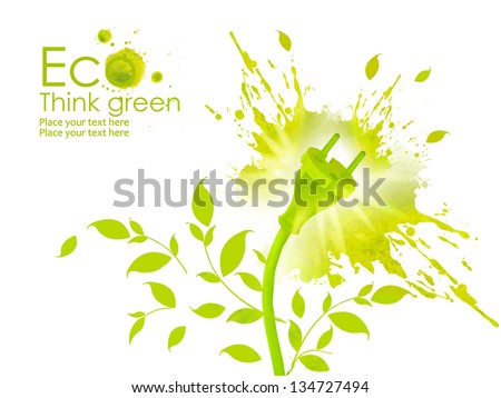 Energy plug.Illustration environmentally friendly planet. Green socket, plug, grass  and splash of paint,from watercolor stains,isolated on a white background. Think Green. Ecology Concept.