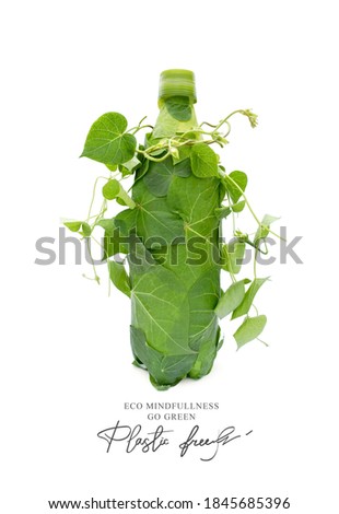 Plastic free.Ecological poster. Say NO to plastic. Ban plastic pollution.
Biodegradable bottle, made with green sprout and leaves. Zero waste and Sustainable lifestyle. Think Green. 