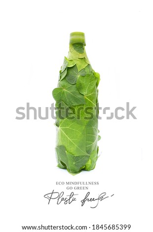 Plastic free.Ecological poster. Say NO to plastic. Ban plastic pollution.
Biodegradable bottle, made with green sprout and leaves. Zero waste and Sustainable lifestyle. Think Green. 