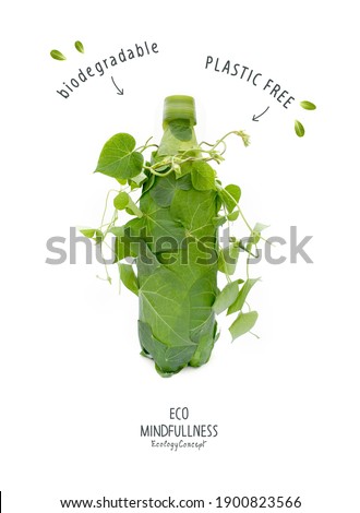 Plastic free. Biodegradable bottle, made with green sprout and leaves. Ecological poster. Say NO to plastic. Ban plastic pollution.
 Zero waste and Sustainable lifestyle. Think Green. 
