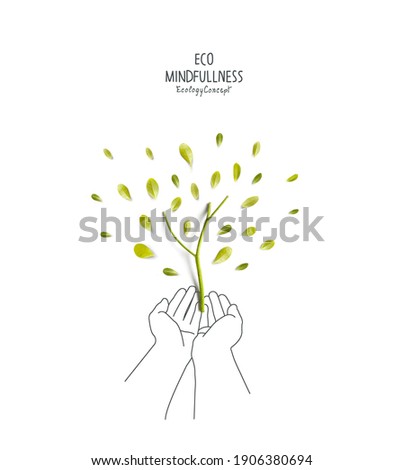 Environmental concept.  Green tree, made of green leaves and sprout with sketches of hand holding plant.Think Green. Ecology Concept. Plant the tree.Flat lay.Top view