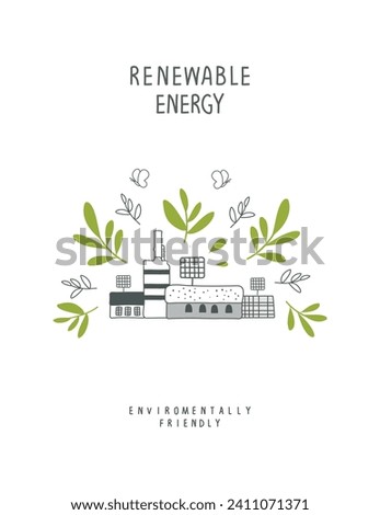 Vector illustration of Environmentally friendly planet. Cartoon sketch of eco factory with solar panels and green leaves. Ecology industry and alternative energy concept.