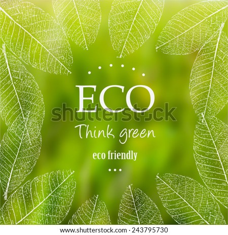 Vector blurred nature background with eco label of Organic Standart Farm Fresh Food. Think green. Premium quality green product. Quote. Environmental protection.