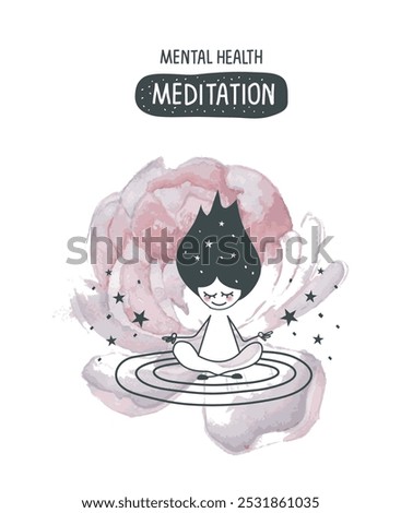 Vector hand drawn cartoon sketch of girl in pose of meditation and her hands with mudra.Ceate space of mindfulness, spirituality, awareness, balance and relaxation. Practicing meditation concept.