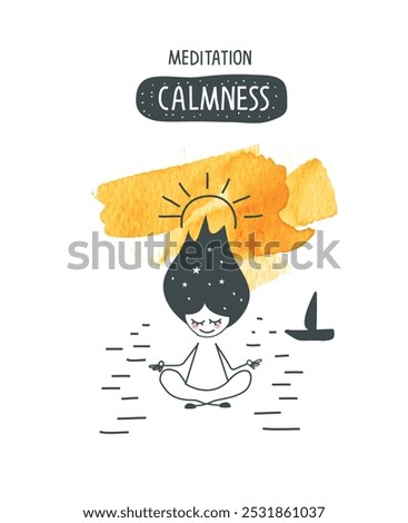 Vector hand drawn cartoon sketch of girl in pose of meditation in a state of calm.Ceate space of mindfulness, spirituality, awareness, balance and relaxation. Practicing meditation concept.