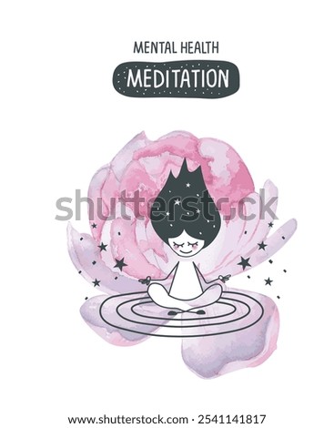 Vector hand drawn cartoon sketch of girl in pose of meditation and her hands with mudra.Ceate space of mindfulness, spirituality, awareness, balance and relaxation. Practicing meditation concept.