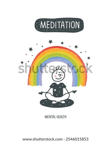 Vector hand drawn cartoon sketch of human in pose of meditation and his hands with mudra.Ceate space of mindfulness, spirituality, awareness, balance and relaxation. Practicing meditation concept.