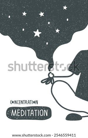 Vector hand drawn cartoon sketch of human in pose of meditation and fingers folded into mudra.Ceate space of mindfulness, spirituality, awareness, balance and relaxation. Practicing meditation