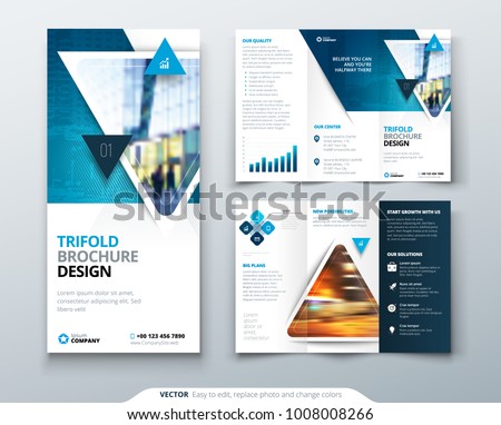 Tri fold brochure design. Blue template for tri fold flyer. Layout with modern triangle photo and abstract background. Creative concept 3 folded flyer or brochure.