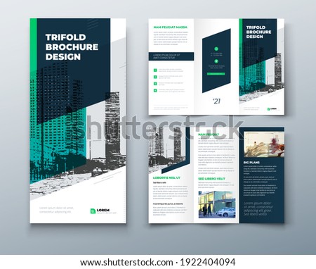 Tri fold green brochure design with square shapes, corporate business template for tri fold flyer. The template is white with a place for photos. Creative concept folded flyer or brochure. Foto stock © 