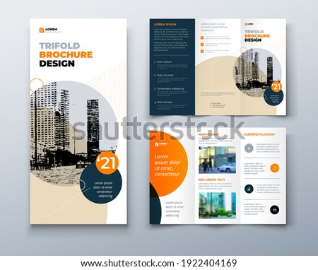 Tri fold Orange brochure design with square shapes, corporate business template for tri fold flyer. The template is white with a place for photos. Creative concept folded flyer or brochure. 商業照片 © 