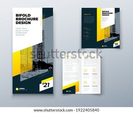 Bi fold brochure or flyer design with circle. Creative concept flyer or brochure. Template is white with a place for photos.