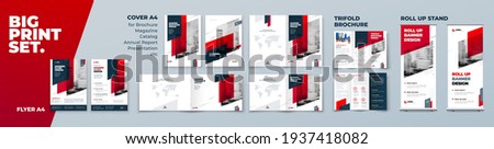 Red Corporate Identity Print Template Set of Brochure cover, flyer, tri fold, report, catalog, roll up banner. Branding design in Biege colors. Business stationery background design collection