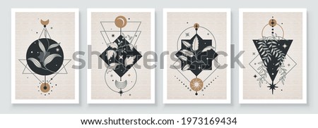 Abstract contemporary art with celestial geometry shapes. Esoteric mystical celestial botanical sacred wall art. Wall decor painting. Minimalistic background design. Vector illustration.