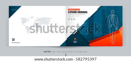 Brochure cover design. Blue & orange corporate business landscape template for brochure, report, catalog, flyer. Layout with modern abstract triangle background. Creative poster, flyer, banner concept