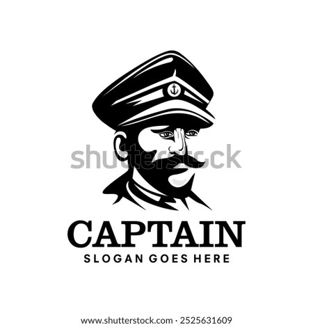 Bearded ship captain or skipper with a pipe and peaked cap for marine nautical logo design for sailor