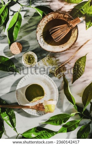 Similar – Image, Stock Photo Matcha cheesecake flat lay. Woman hands taking cake slice