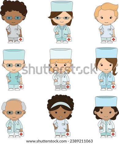 Set Illustrations medical personnel, doctor, nurse, health, medicine. Collection Medical characters. Cute doctors, stomatologs and nurses. Men and women are avatars. Vector flat