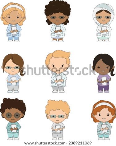 Set Illustrations medical personnel, doctor, nurse, health, medicine. Collection Medical characters. Cute doctors, stomatologs and nurses. Men and women are avatars. Vector flat