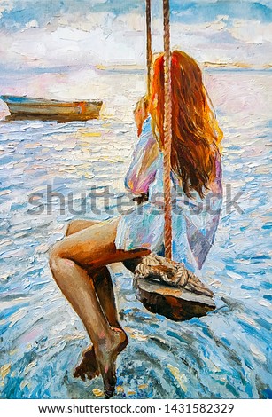 Young red-haired girl riding on a swing and watching the sunset by the ocean. In the background floats fishing boat. The peaceful landscape, created with brush strokes, oil painting on canvas.