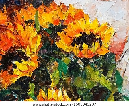 Bouquet of beautiful sunflowers, created in bright saturated colors. Palette knife technique of oil painting.