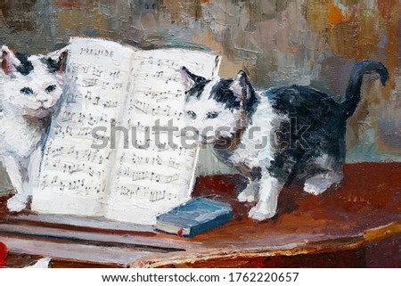 Two little kittens are playing with musical notes. Oil on canvas.