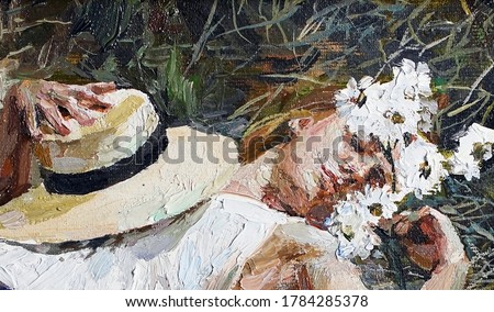 Girl in snow-white dresses sleep on summer grasses. Oil painting.