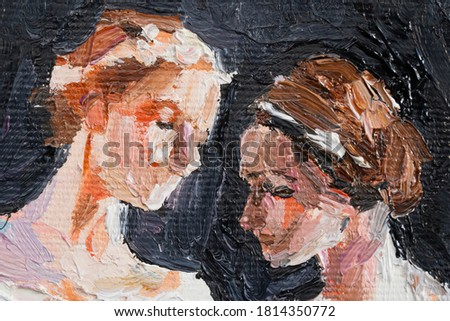 Oil painting. Portraits with two girls. Made in a classic style. The background is black.