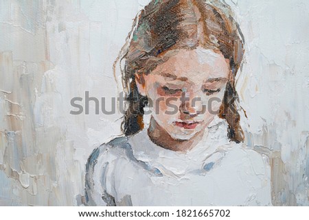 Art painting. Portrait of a  little girl with braids is made in a modern style. 