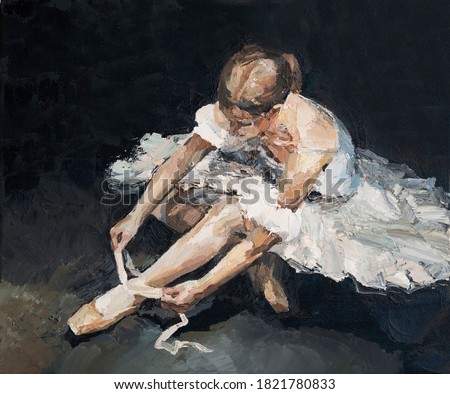 Young beautiful ballerina in lush white and light white dress sits on the floor before the performance, the background is black. Oil painting on canvas.