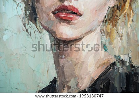 Fragment of art painting. Portrait of a girl with blond hair is made in a classic style. Background is aquamarin.  A woman's face with red lips.