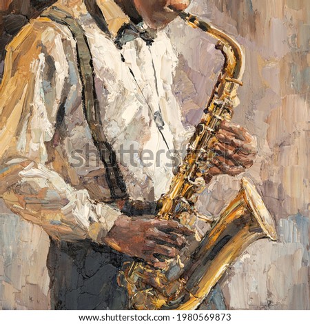 Stylish jazz band playing music on the scene, background is brown. Palette knife technique of oil painting and brush. 
The jazzman plays the saxophone.