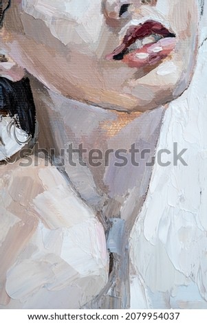 Art painting. Pink female lips. Fragment of portrait of a girl with brown hair is made in a classic style. 