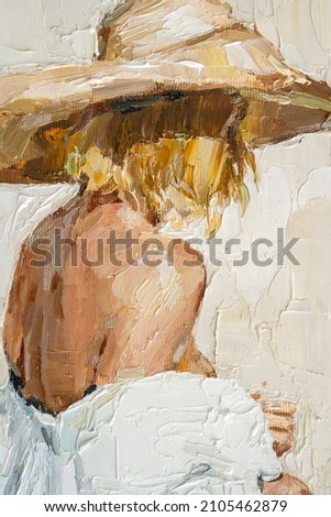 A woman in a straw hat sits in the sunset. Girl in nature. Oil painting on canvas.