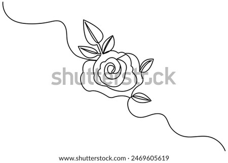 Rose flower single line art, continuous one line drawing of  Isolated outline vector art black white background 