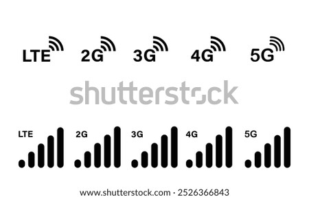 cellular network signal settings. mobile network power icon set. 2g, 3g, 4g, 5g and LTE network. no full range or signal icon set. UX UI mobile icon signal strength set