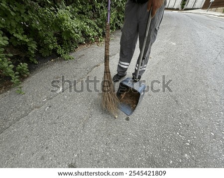 Similar – Image, Stock Photo Road worker cleaning city street with high pressure power washer, cleaning dirty public transport stops, Moscow, Russia