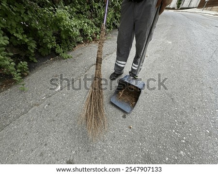 Similar – Image, Stock Photo Road worker cleaning city street with high pressure power washer, cleaning dirty public transport stops, Moscow, Russia