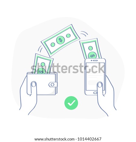 People sending and receiving money wireless with from wallet to mobile phone, remittance. Hands holding smart phone and purse with cash, banking payment app. Flat outline vector illustration icon.