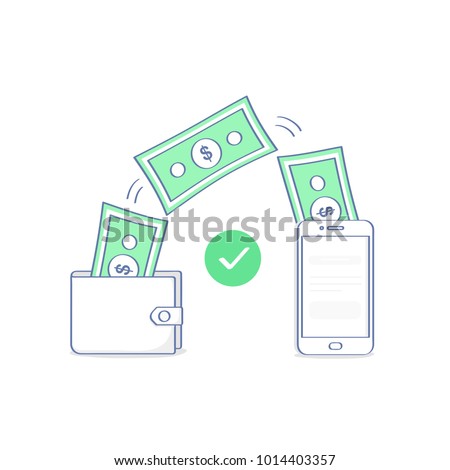 Sending and receiving money wireless with from wallet to mobile phone, fund remittance. Hands holding smart phone and purse with cash, banking payment app. Flat outline vector illustration icon.