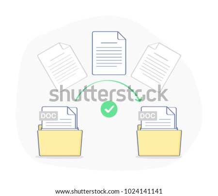 Data transfer, copying, uploading process, file sharing or sending documents from one file folder to another. Flat outline isolated vector illustration on white. Modern trendy ui element design.
