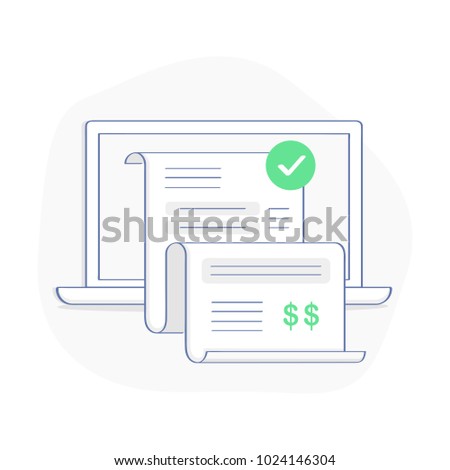 Payment for goods or services via the Internet from a laptop, computer. Payment, bill, invoice, purchase, check, banking. Pay tax online receipt. Outline flat modern vector illustration.