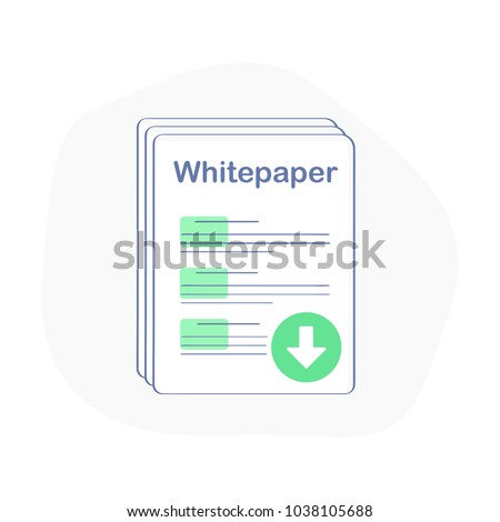 Whitepaper icon, ICO main investment document, company strategy, brief, development product plan. Flat outline modern vector illustration with downloading green arrow.