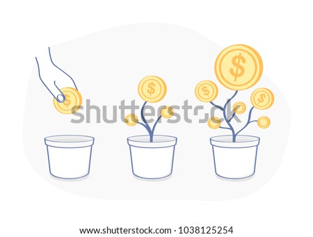 Cute cartoon happy money tree, money growth, investment. Hand putting gold coin as a seed in flower pot, gold dollar currency are growing from the flower pot. Business investment icon concept.