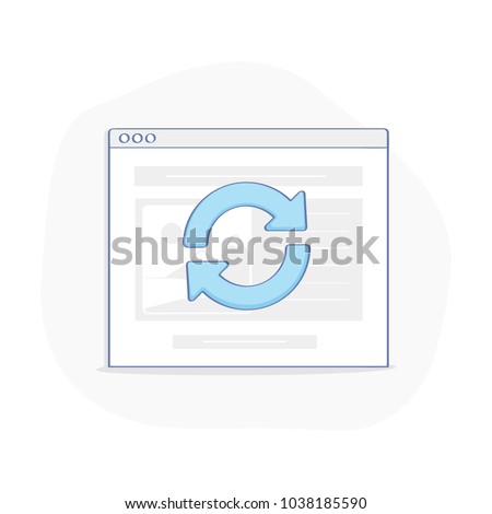 Update browser window with website icon, refresh or reload design or web page, reboot data base, software upgrade concept. Update system window message. Flat outline vector illustration.