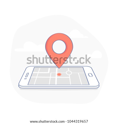 Geo Pin Tag on mobile phone display. Smartphone with map on screen. GPS, Destination, Traveling, Map Navigation, Location, Road Direction and pointer marker icon concept. Flat outline sign.