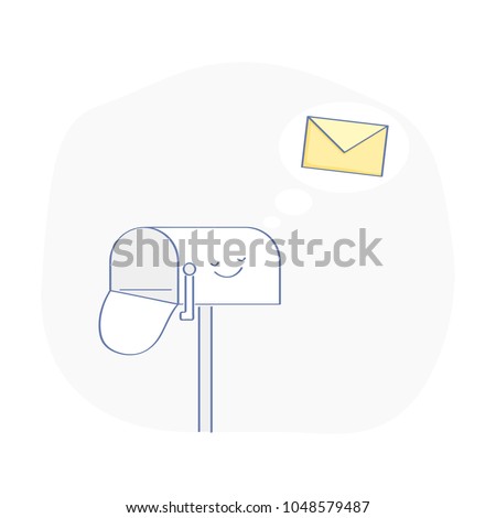 Cute cartoon empty mailbox, postbox, or letterbox is dreaming about new letter, mail, e-mail. Flat outline vector icon illustration. Premium quality.
